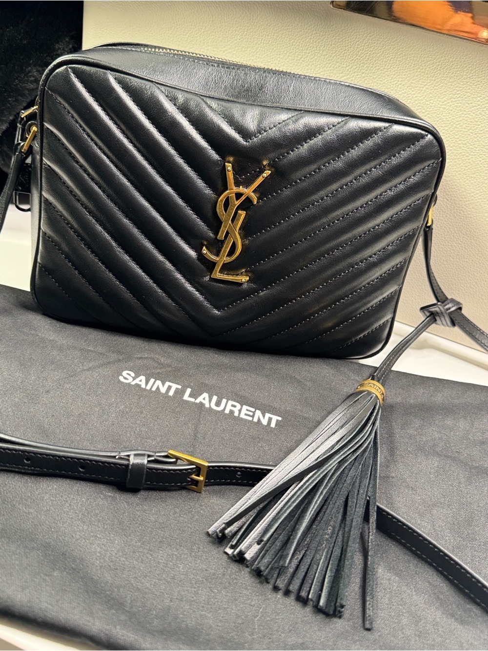 Saint Laurent Black Quilted Leather Crossbody with Gold YSL Hardware